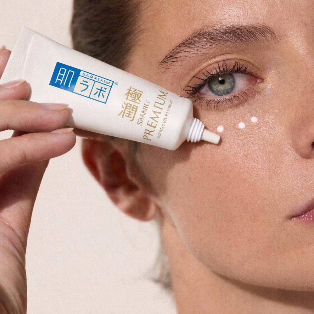 Hada labo gokujyun premium eye cream · crema contorno de ojos con 7 tipos de ácido hialurónico